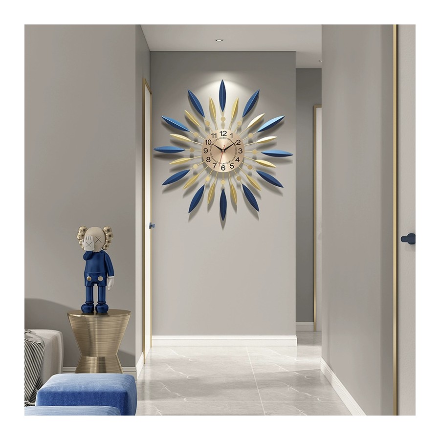 Blue and Gold Leaf Sunburst Wall Clock