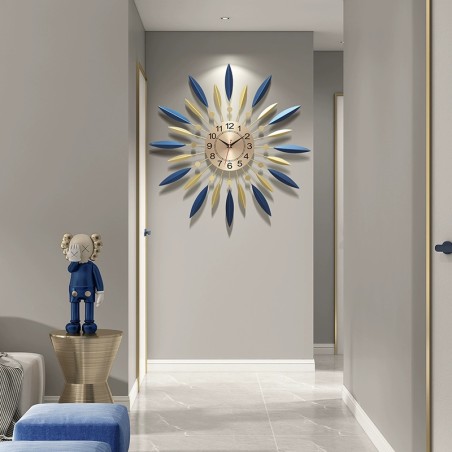 Blue and Gold Leaf Sunburst Wall Clock