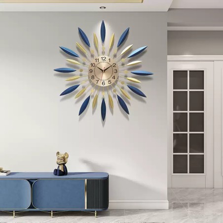 Blue and Gold Leaf Sunburst Wall Clock