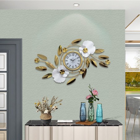 Metal wall clock with gold floral decoration